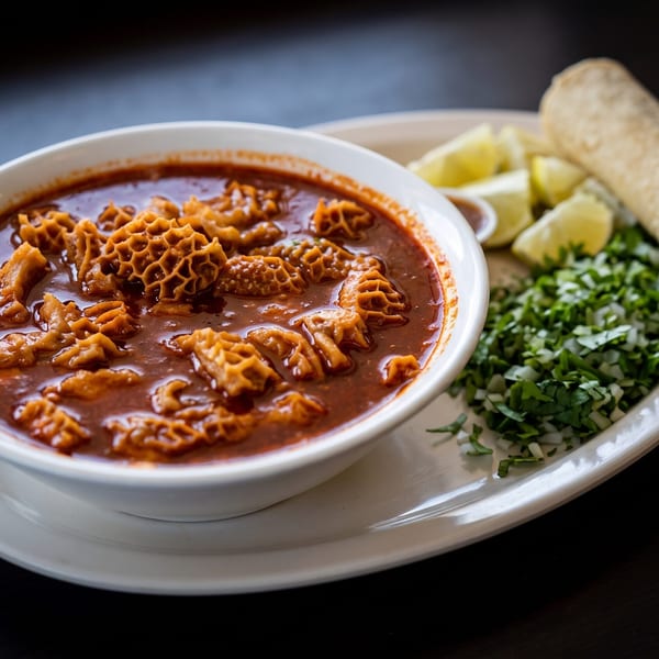 Menudo soup in a white bowl with a side of tortillas, limes, and chopped cilantro.