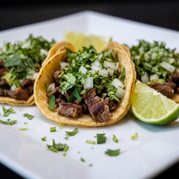 Three street tacos with carne asada, cilantro, and onions, garnished with lime wedges on a white plate.