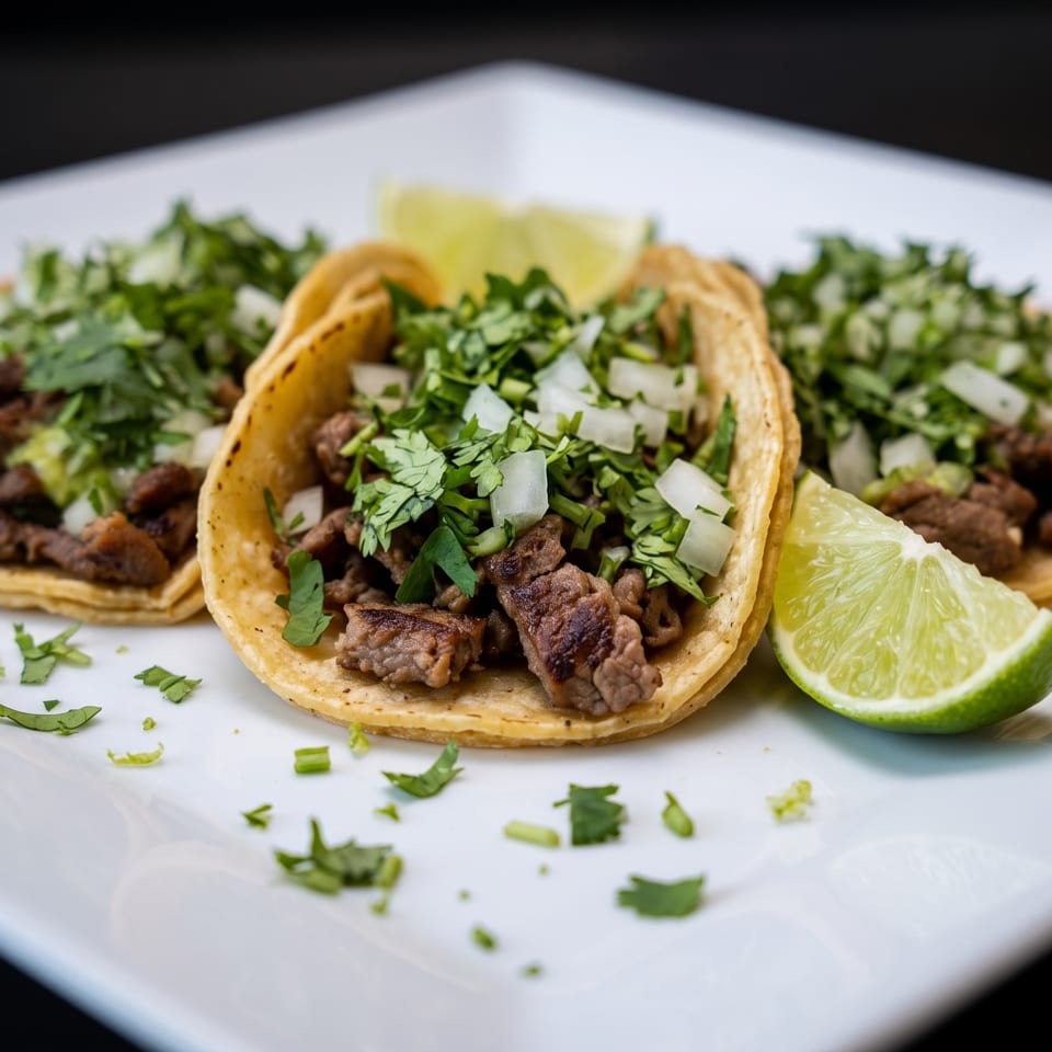 Three street tacos with carne asada, cilantro, and onions, garnished with lime wedges on a white plate.