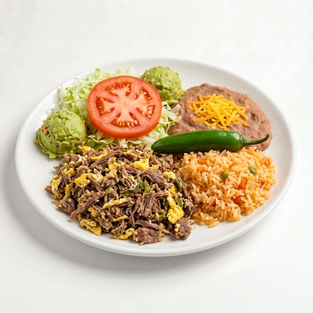 Combo #16 - Machaca Plate with Rice & Beans.