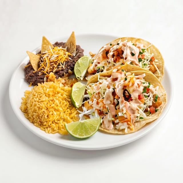 Combo #10 - Two Fish Tacos Served with Rice & Beans.