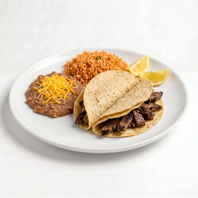 Combo #13- 2 Carne Asada Tacos with Rice & Beans.